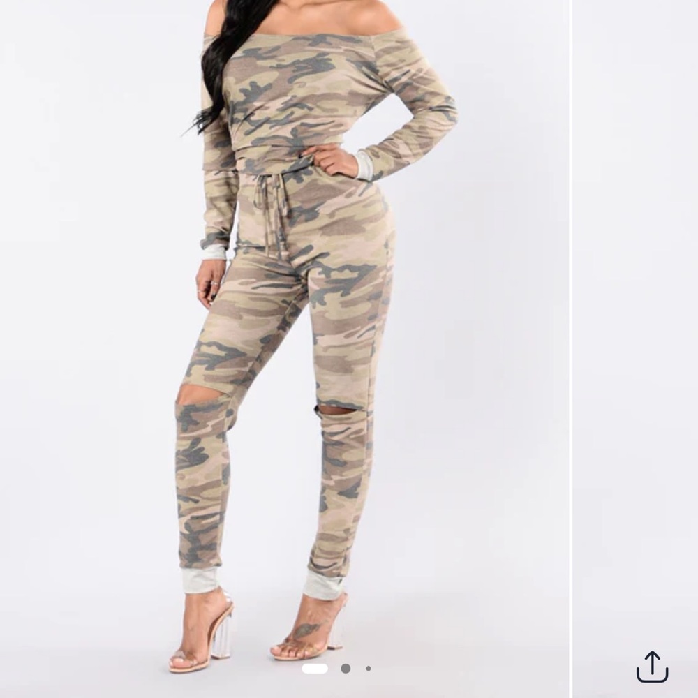 Fashion Nova Green and Tan Camouflage Jumpsuit